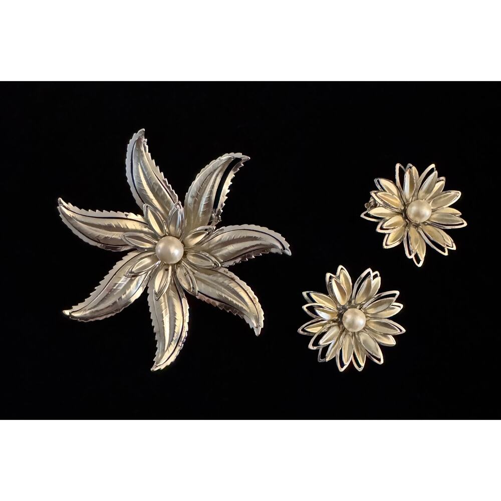 Vintage Silver Flower Brooch And Matching Clip Earrings With Pearl Centers